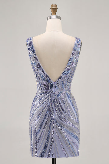 Sparkly Lilac V-Neck Sequins Bodycon Homecoming Dress